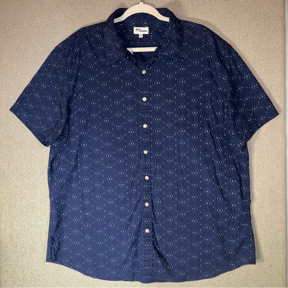 Sonoma Navy Blue Short Sleeve Button-Down Shirt with Subtle White Dot Pattern